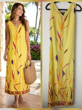 Gabrielle YELLOW Tropical Linen Blend SLEEVELESS Tie Summer DRESS Women's Size S